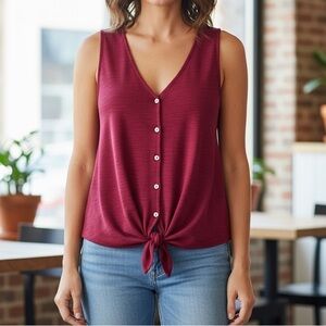 Lucky Brand Maroon Button Down Tie Front Sleeveless V-neck Blouse- Women…